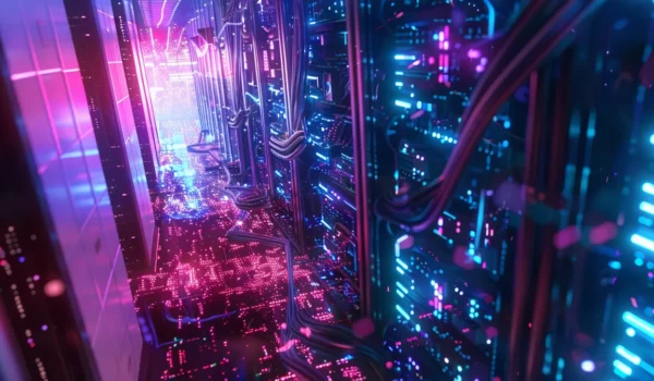 a futuristic data center glowing with vibrant digital connections and surrounded by a web of cloud technology.