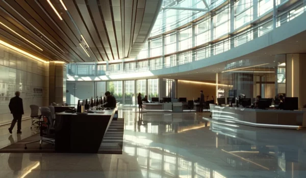 a sleek, modern office space with interconnected computer systems and employees collaborating in real-time through cloud services.