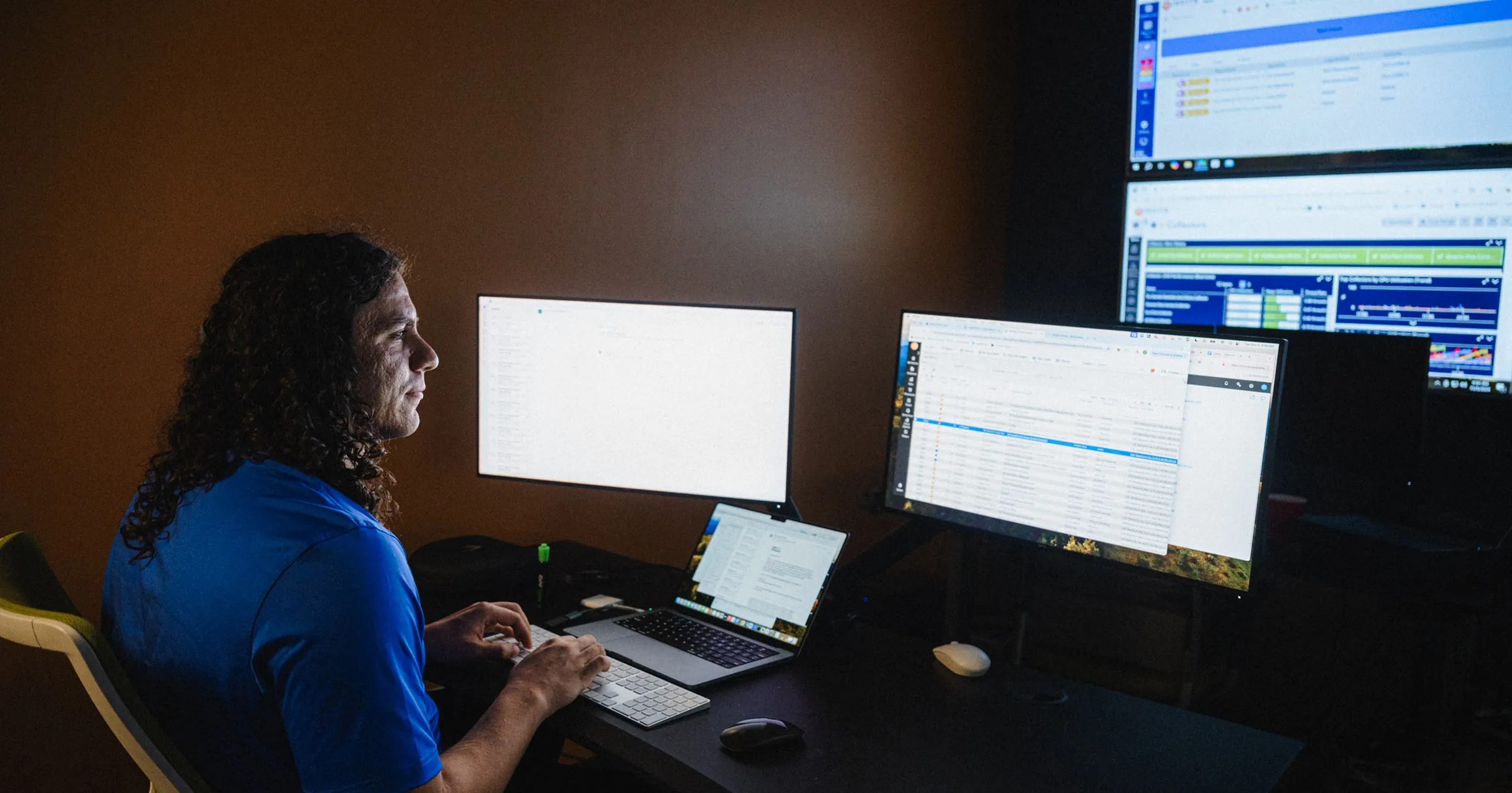 Security analyst monitoring dashboards across multiple screens in a dark operations room